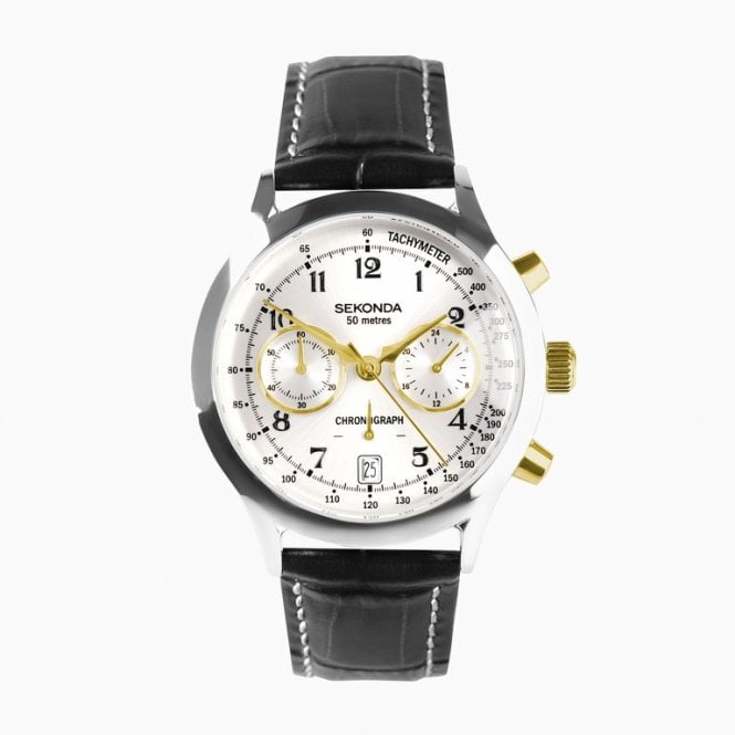 Sekonda Mens Round Silver Chronograph Date Dial Black Leather Stitched Strap Watch 30235