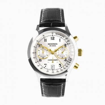 Mens Round Silver Chronograph Date Dial Black Leather Stitched Strap Watch 30235