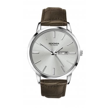 Mens Round Silver Day/Date Dial Brown Leather Strap Watch 1661