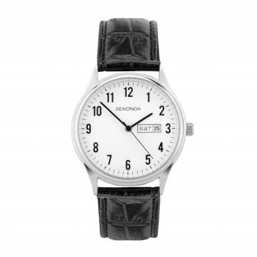 Mens Round White Day and Date Dial Black Leather Strap Watch 30121