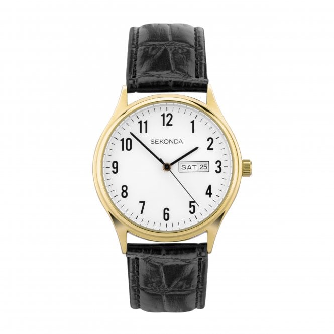 Sekonda Mens Round White Day and Date Dial Gold Plated Bezel Black Leather Strap Watch 30123