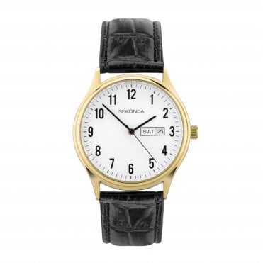 Mens Round White Day and Date Dial Gold Plated Bezel Black Leather Strap Watch 30123