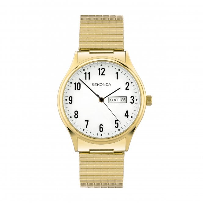 Sekonda Mens Round White Day and Date Dial Gold Plated Bracelet Watch 30124