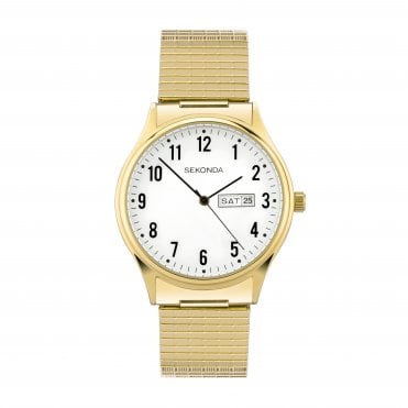 Mens Round White Day and Date Dial Gold Plated Bracelet Watch 30124