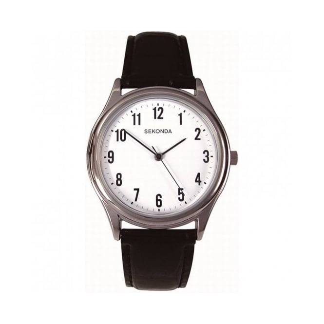 Sekonda Mens Round White Dial Black Leather Strap Watch 3621