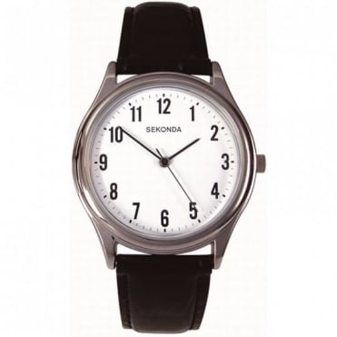 Sekonda Mens Round White Dial Black Leather Strap Watch 3621