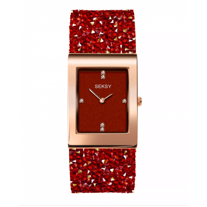 Seksy Ladies Rocks 40320 Rectangular Red Dial Rose Bezel Red Swarovski Crystals Bracelet Watch