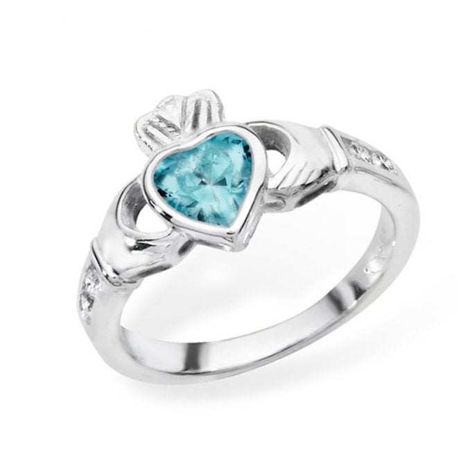 Sterling Silver Aquamarine March Claddagh Ring Size N