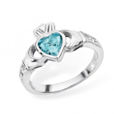 Sterling Silver Aquamarine March Claddagh Ring Size N