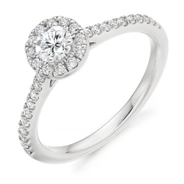 9ct White Gold Brilliant Round Cut Diamond Halo Ring With Diamond Set Shoulders