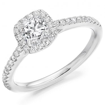 9ct White Gold Cushion Cut Diamond Halo Ring With Diamond Set Shoulders