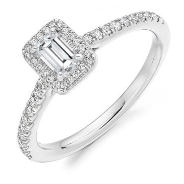9ct White Gold Emerald Cut Diamond Halo Ring With Diamond Set Shoulders