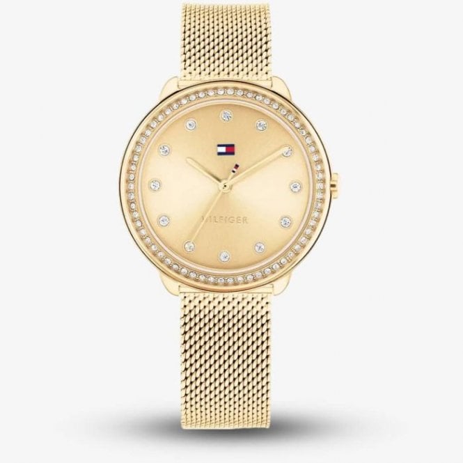 Tommy Hilfiger Ladies DEMI Round Gold Stone Dial Stone Set Bezel Gold Plated Mesh Bracelet Watch 1782699