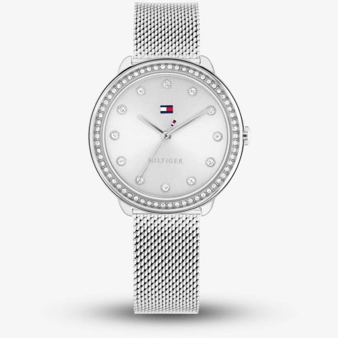Tommy Hilfiger Ladies DEMI Round Silver Stone Dial Stone Set Bezel Mesh Bracelet Watch 1782698