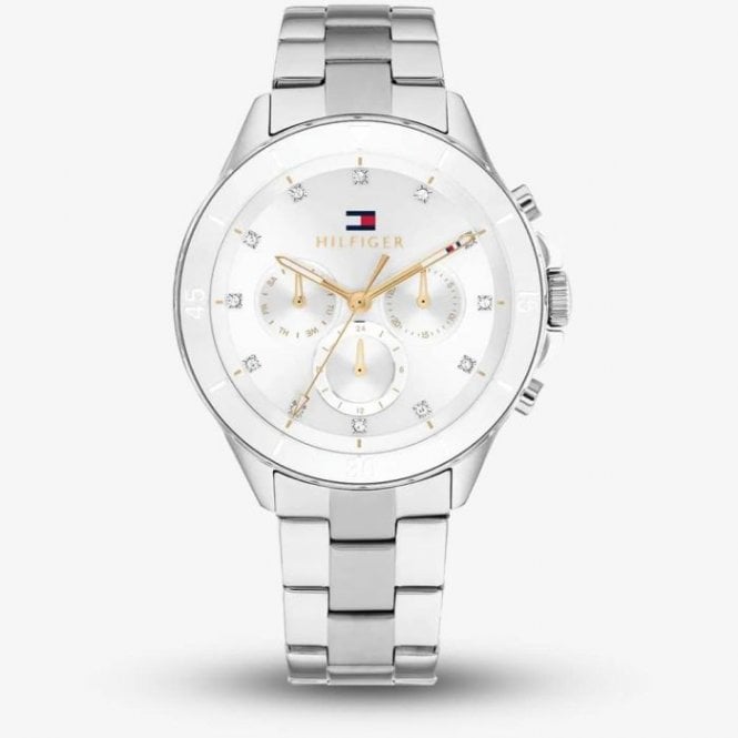 Tommy Hilfiger Ladies MELLIE Round White Chronograph Dial White Bezel Stainless Steel Bracelet Watch 1782707