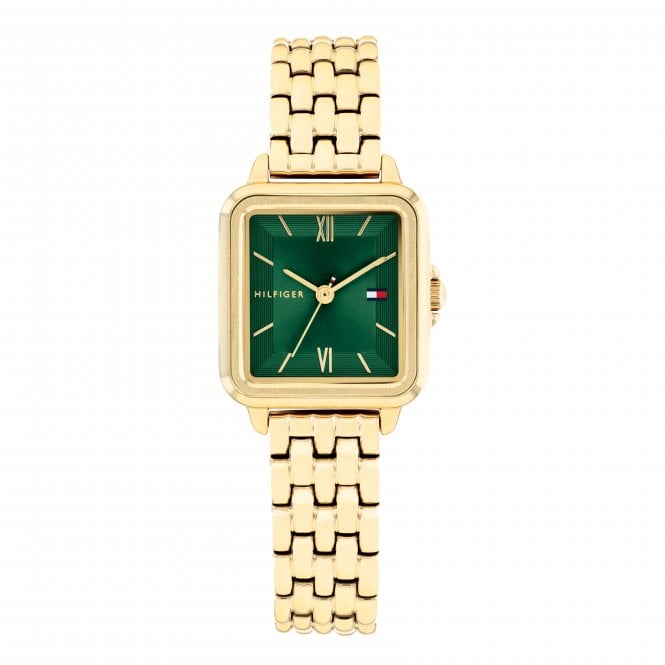 Tommy Hilfiger Ladies MIA Square Green Dial Gold Plated Bracelet Watch 1782858