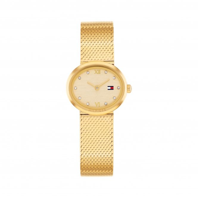 Tommy Hilfiger Ladies MOIRA Oval Gold Dial Gold Plated Shiny Mesh Bracelet Watch 1782847