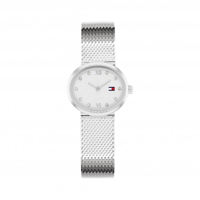 Tommy Hilfiger Ladies MOIRA Oval Silver Dial Stainless Steel Shiny Mesh Bracelet Watch 1782846