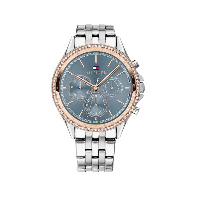 Tommy Hilfiger Ladies Round Blue Multi Dial Rose Stone Bezel and Rose Stainless Steel Bracelet Watch 1781976