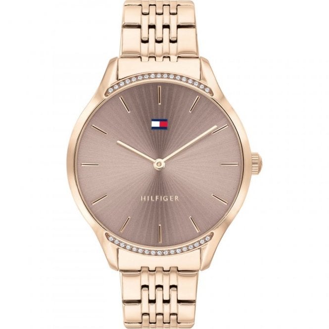 Tommy Hilfiger Ladies Round Bronze Dial Stone Bezel Rose Bracelet Watch 1782212