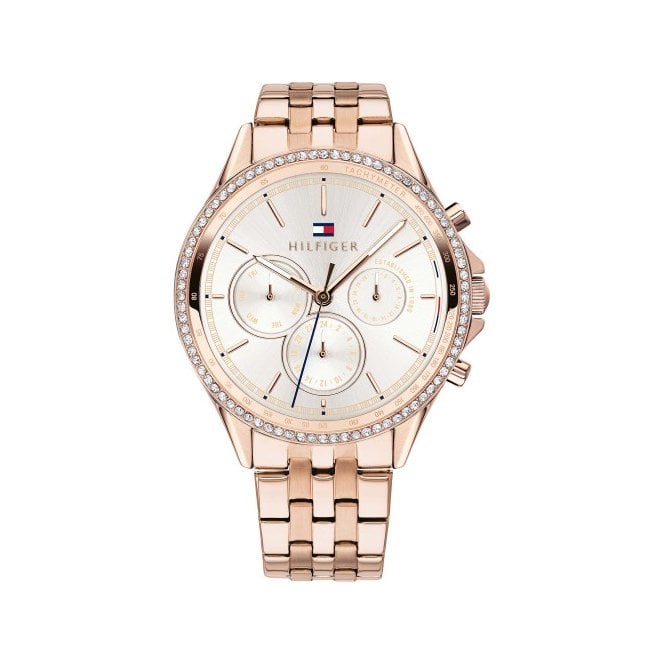 Tommy Hilfiger Ladies Round Silver Dial Rose Bezel and Rose Gold Plated Bracelet Watch 1781978