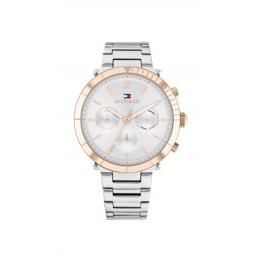 Ladies Round Silver Sunray Dial Rose Bezel Stainless Steel Bracelet Watch 1782348