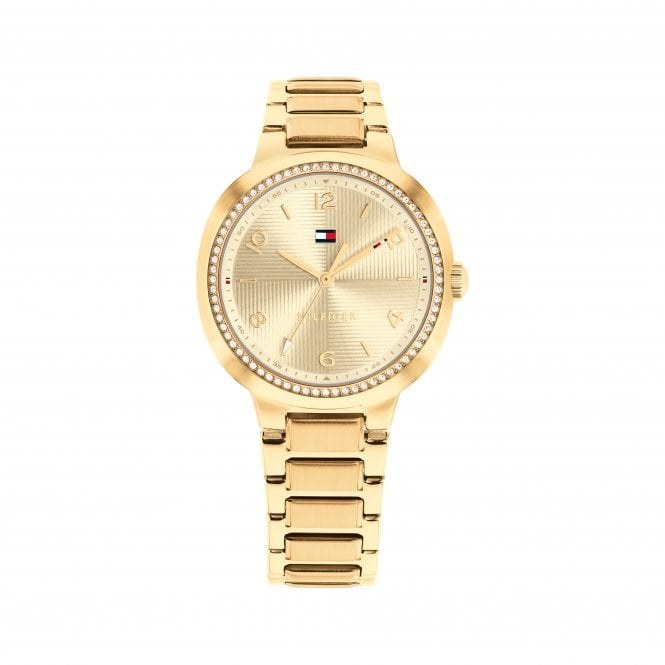 Tommy Hilfiger Ladies SAVANNAH Round Gold Dial Stone Set Bezel Gold Plated Bracelet Watch 1782900