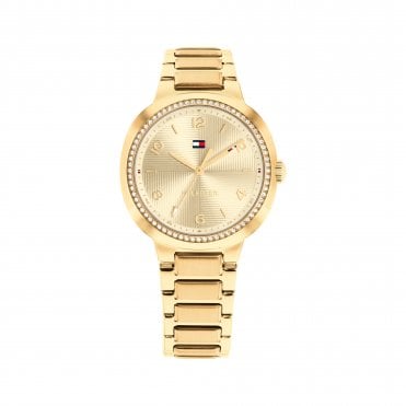 Ladies SAVANNAH Round Gold Dial Stone Set Bezel Gold Plated Bracelet Watch 1782900