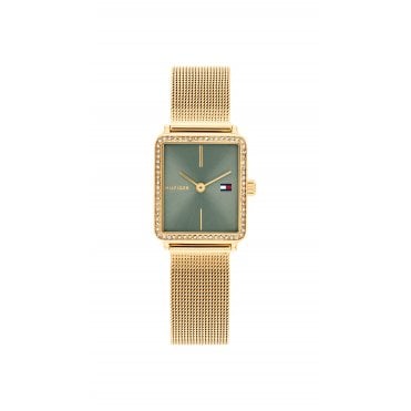 Ladies TEA Rectangle Stone Set Green Dial Gold Plated Mesh Bracelet Watch 1782791