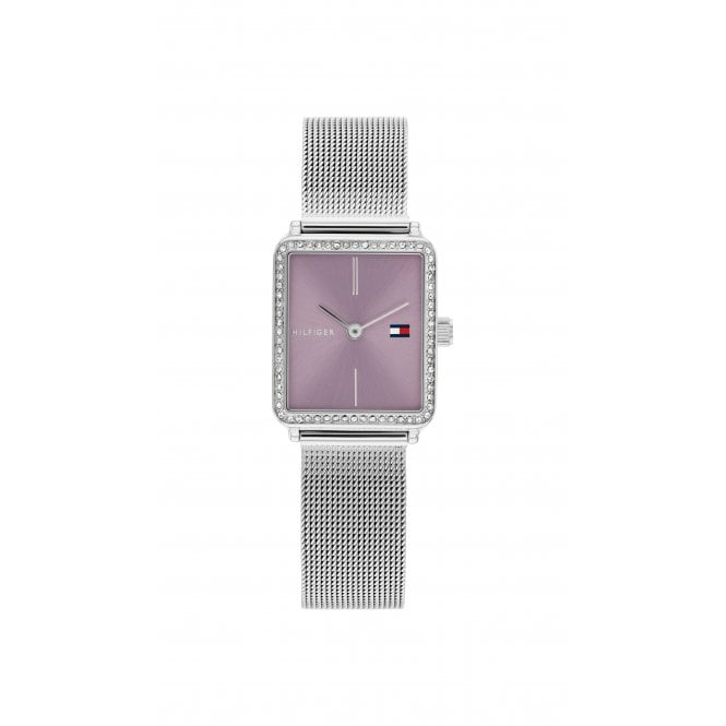 Tommy Hilfiger Ladies TEA Rectangle Stone Set Lavender Dial Stainless Steel Mesh Bracelet Watch 1782790
