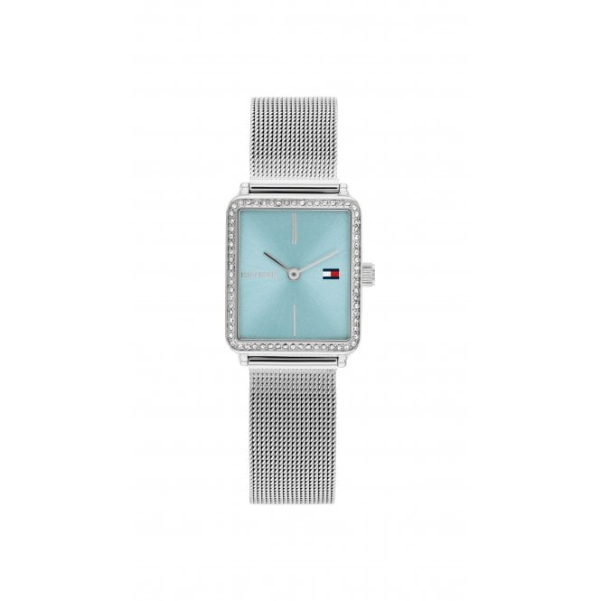 Tommy Hilfiger Ladies TEA Rectangle Stone Set Teal Dial Stainless Steel Mesh Bracelet Watch 1782789