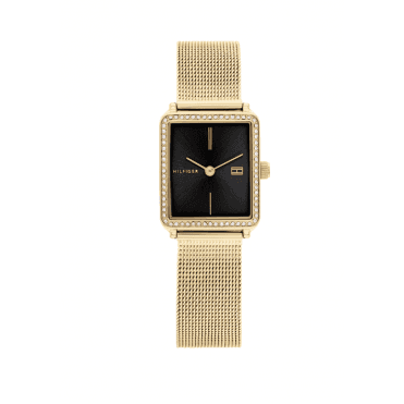Ladies Tea Rectangular Black Dial Stone Bezel Gold Plated Bracelet Watch 1782295
