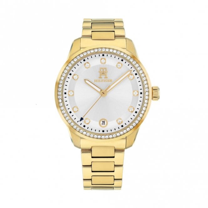 Tommy Hilfiger Ladies TH85 CRYSTALS Round Silver Dial Gold Plated Bracelet Watch 1782758