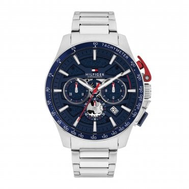 Mens BANK Round Blue Chronograph Dial Stainless Steel Bracelet Watch 1792261