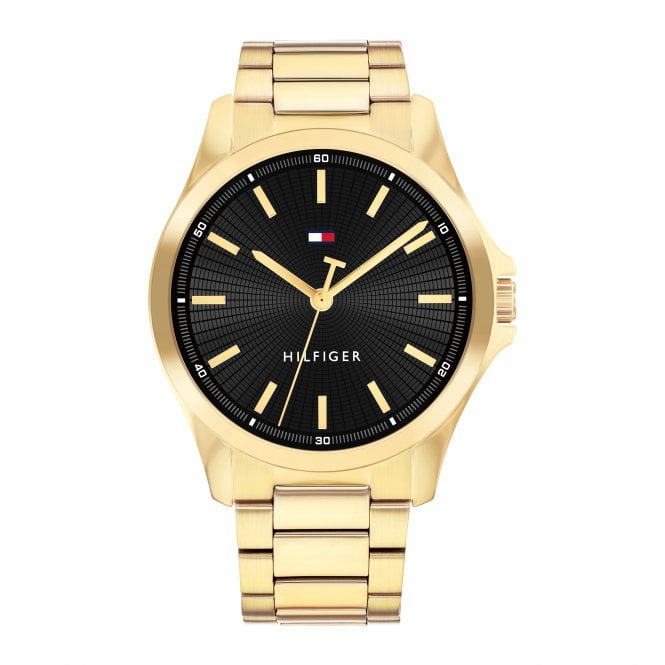 Tommy Hilfiger Mens BRUCE Round Black Dial Gold Plated Bracelet Watch 1792241
