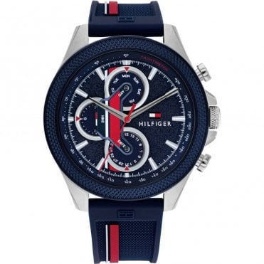 Mens CLARK Round Blue Chronograph Dial Text Bezel Blue Silicone Strap Watch 1792083