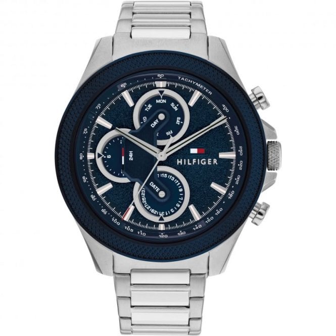 Tommy Hilfiger Mens CLARK Round Blue Chronograph Dial Text Bezel Stainless Steel Bracelet Watch 1792080