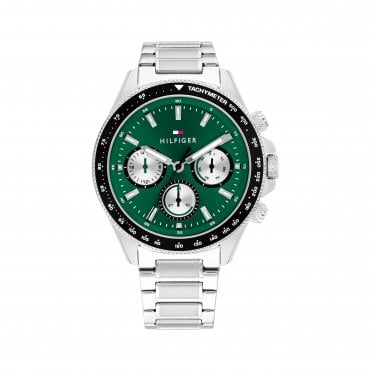 Mens CLARK Round Green Chronograph Dial Stainless Steel Bracelet Watch 1792211