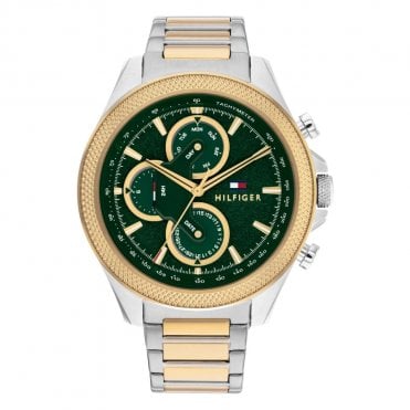 Mens CLARK Round Green & Gold Chronograph Dial Gold Textured Bezel 2Colour Bracelet Watch 1792079
