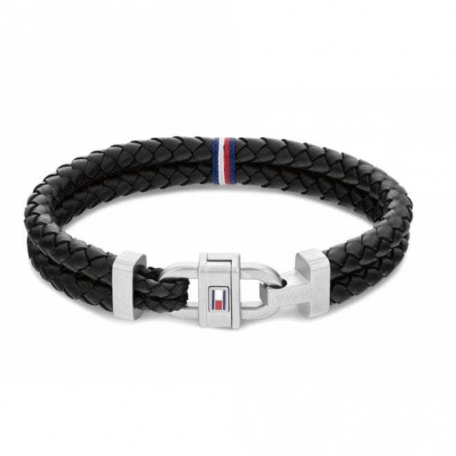 Tommy Hilfiger Mens Double Black Leather and Stainless Steel Bracelet 2790361