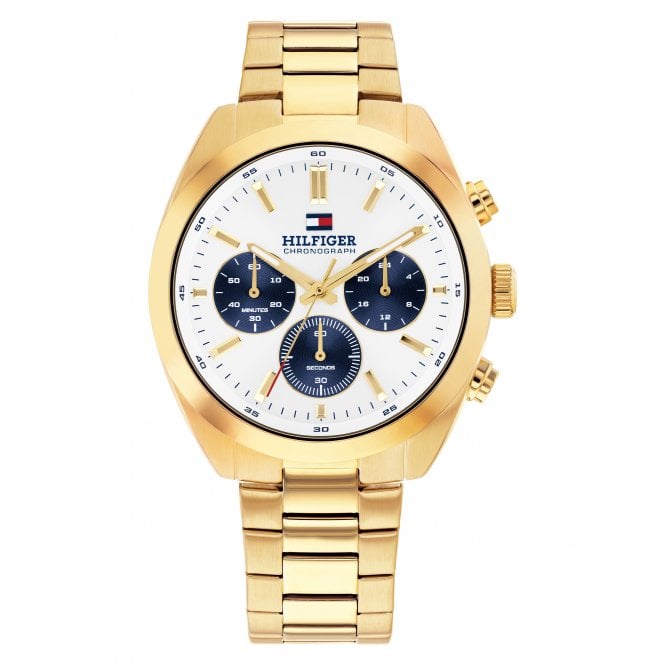 Tommy Hilfiger Mens HUDSON Round Green Chronograph Dial Gold Plated Bracelet Watch 1710723