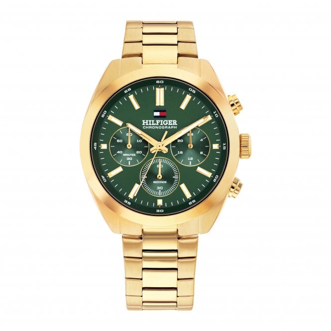 Tommy Hilfiger Mens HUDSON Round Green Chronograph Dial Gold Plated Bracelet Watch 1710736