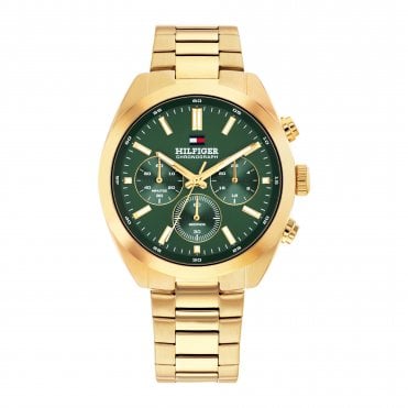 Mens HUDSON Round Green Chronograph Dial Gold Plated Bracelet Watch 1710736