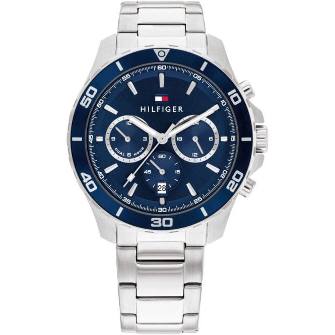 Tommy Hilfiger Mens JORDAN Round Blue Chronograph Dial Blue Bezel Stainless Steel Bracelet Watch 1792094