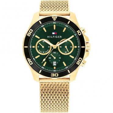 Mens JORDAN Round Green Chronograph Dial Black Bezel Gold Plated Mesh Bracelet Watch 1792093