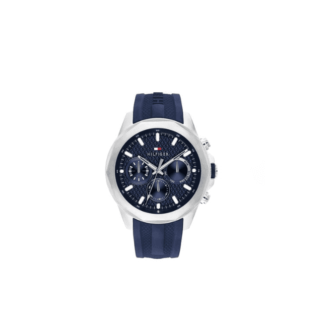 Tommy Hilfiger Mens LARS Round Blue Chronograph Dial Blue Silicone Strap Watch 1710649