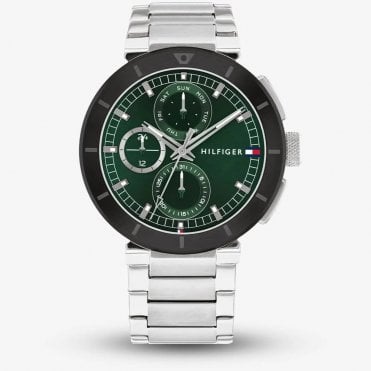 Mens LORENZO Round Green Chronograph Dial Stainless Steel Bracelet Watch 1792117