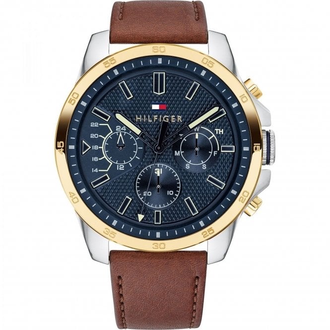 Tommy Hilfiger Mens Navy Multi Dial Gold Plated Bezel and Brown Strap Watch 1791561
