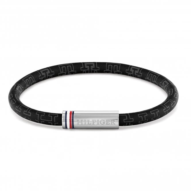 Tommy Hilfiger Mens PRINTED CORD Black Leather Bracelet 2790704