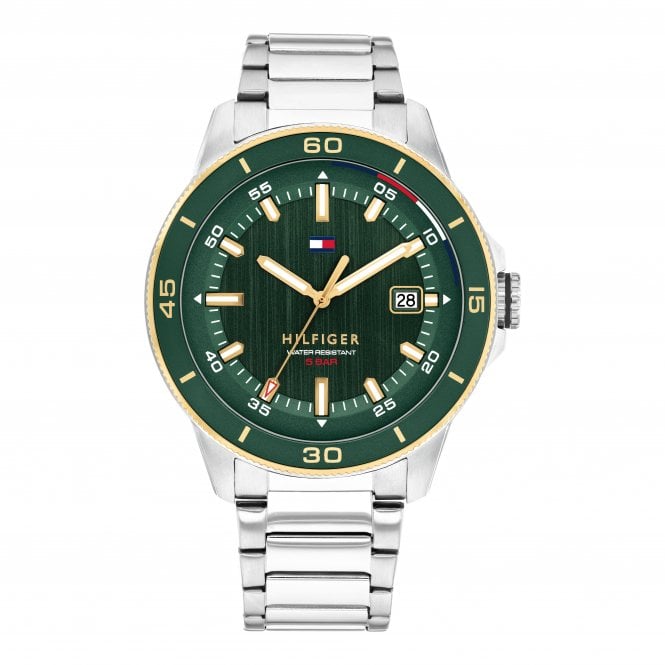 Tommy Hilfiger Mens REMY Round Green Dial Stainless Steel Bracelet Watch 1792230